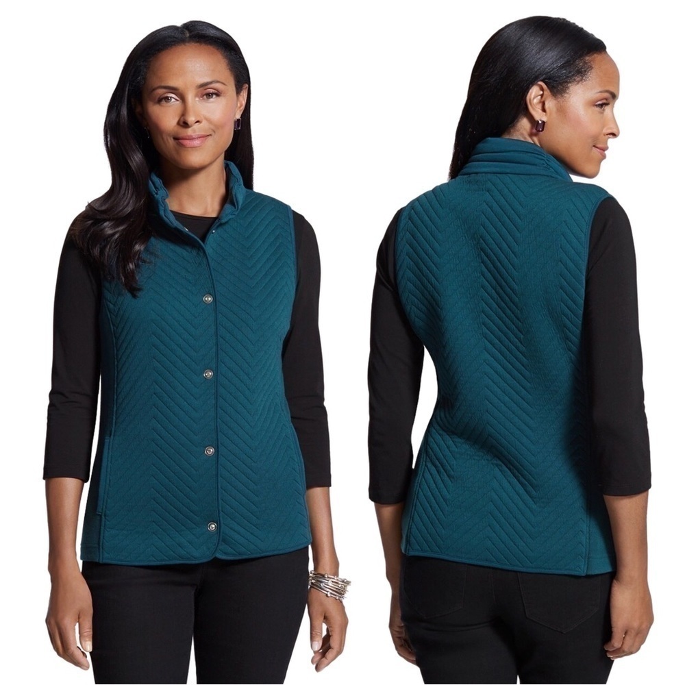 Chico’s Knit Chevron Stitched Goddess Green Teal Sweater Snap Button Plush Vest